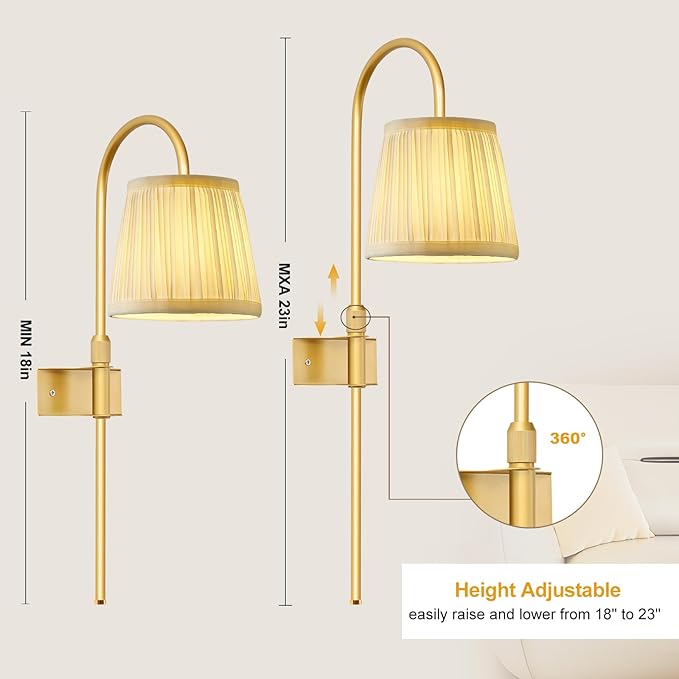 ZECOXOL Vintage Battery Operated Wall Sconces Set of 2, Gold Rechargeable Wireless Wall Lamp Lights with Fabric Lampshade & LED Remote Bulb,Dimmable Flower Wall Sconce for Bedroom Living Room Hallway