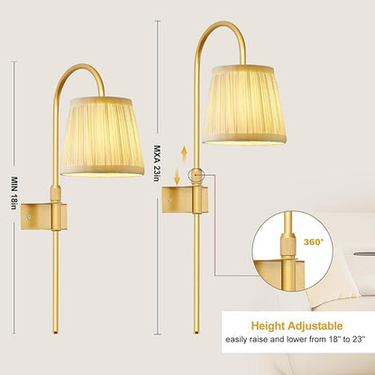 ZECOXOL Vintage Battery Operated Wall Sconces Set of 2, Gold Rechargeable Wireless Wall Lamp Lights with Fabric Lampshade & LED Remote Bulb,Dimmable Flower Wall Sconce for Bedroom Living Room Hallway
