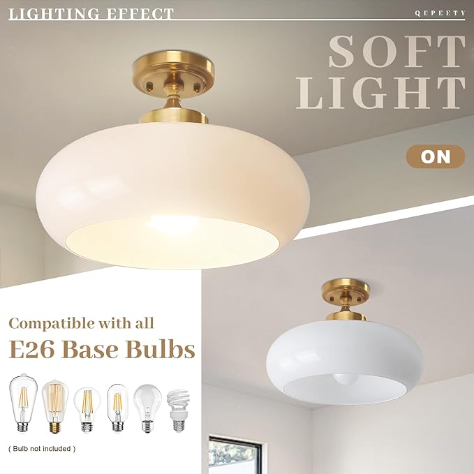 Mid Century Modern Flush Mount Ceiling Light Fixture with Cream White Glass Shade, 15.74 Inch Minimalist Chandelier for Bedroom Kitchen, Easy to Install, E26 Base