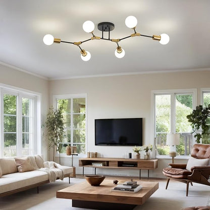Modern Mid Centur 6 Light Semi Flush Mount Ceiling Lighting Fixture for Living Room Bedroom Dining Room Hallway Kitchen Office,Minimalist Gold and Black Sputnik Chandelier