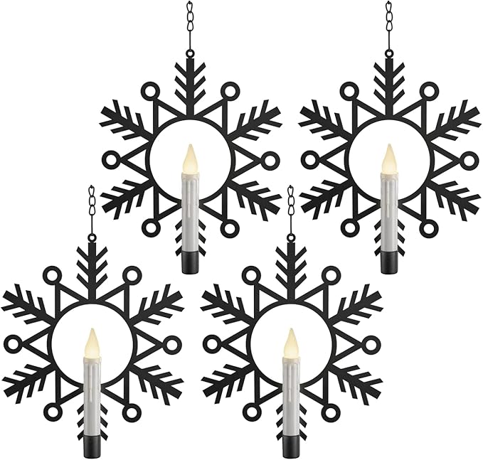 Xodus Innovations CW1500A-4 Battery Powered Metal Snowflake Window Wreath with Warm White Flickering Flameless Candle Light and Automatic Timer, Black and White, Pack of 4