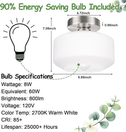 Lynnoland Industrial Semi Flush Mount Ceiling Light, Milky White Glass Shade Ceiling Light Fixture, Brushed Nickel Light Fixture for Hallway Bathroom Bedroom, Vintage Hanging Light Fixtures