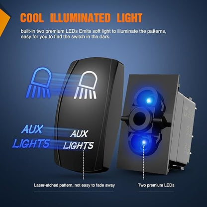 Nilight Aux Lights Rocker Switch Led Light Bar 5 Pin Laser On Off SPST switches 20A/12V 10A/24V Blue with Jumper Wires Set for Cars Trucks Boats ATVs UTVs RVs