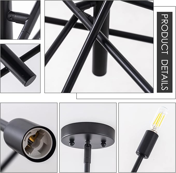 VILUXY Black Modern Chandelier Sputnik Lighting Fixture 6-LightMid-Century Ceiling Pendant Light for Dining Room Bedroom Kitchen Foyer