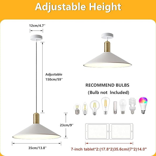 KCO Lighting Modern Cone Pendant Lighting White and Gold Pendant Light Kitchen Island Farmhouse Dome Pendant Light Mid Century Living Room Light Fixture Over Dining Table (White)