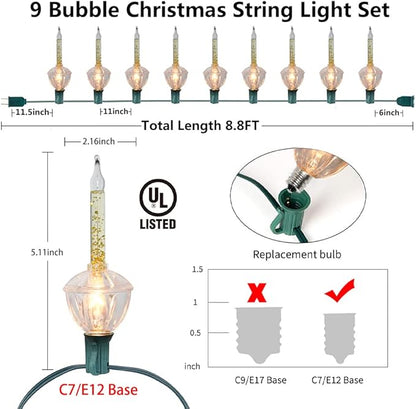 Oviejo Gold Bubble Lights for Christmas Tree, 8.8Ft Christmas Bubble Lights10 Gold Glitter Clear Bubble Lights(1 Spare), C7/E12 Base, Outdoor for Holiday Party Christmas Tree Decorations