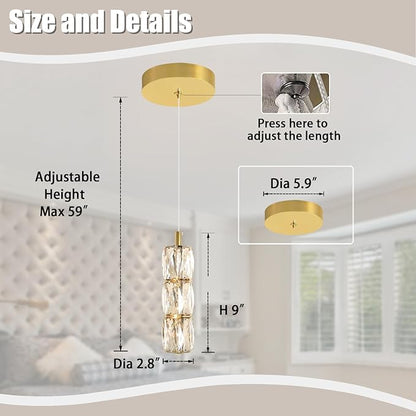 ykolupty Pendant Lights Kitchen Island Single Head Gold Crystal Island Lights Dining Foyer Entrance Modern Chandeliers LED Dimmable 2700-6000K