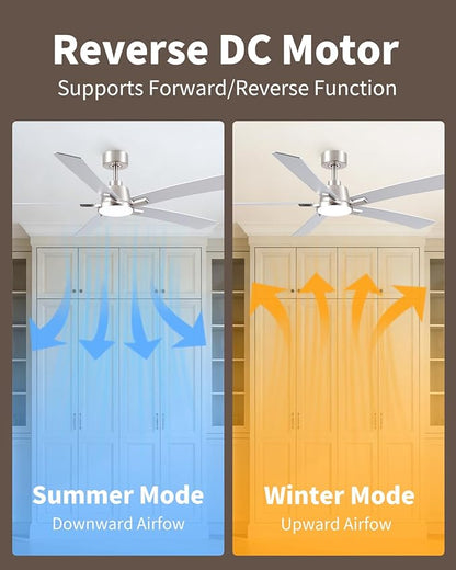 60 Inch Ceiling Fans with Lights and Remote, Brushed Nickel Ceiling Fan, 5 Blades, Modern Design For Indoor Bedroom Living Room/Outdoor, 6 Speed Reversible DC Motor, 3CCT Dimmable LED Includes Downrod