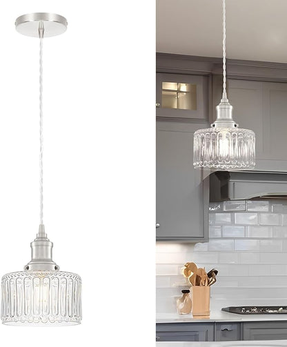 Brushed Nickel Pendant Lights Kitchen Island, Vintage Pendant Light Clear Striped Glass Lmapshade, Rustic Kitchen Pendant Lighting Over Island, Adjustable Hanging Light for Dining Room Hallway