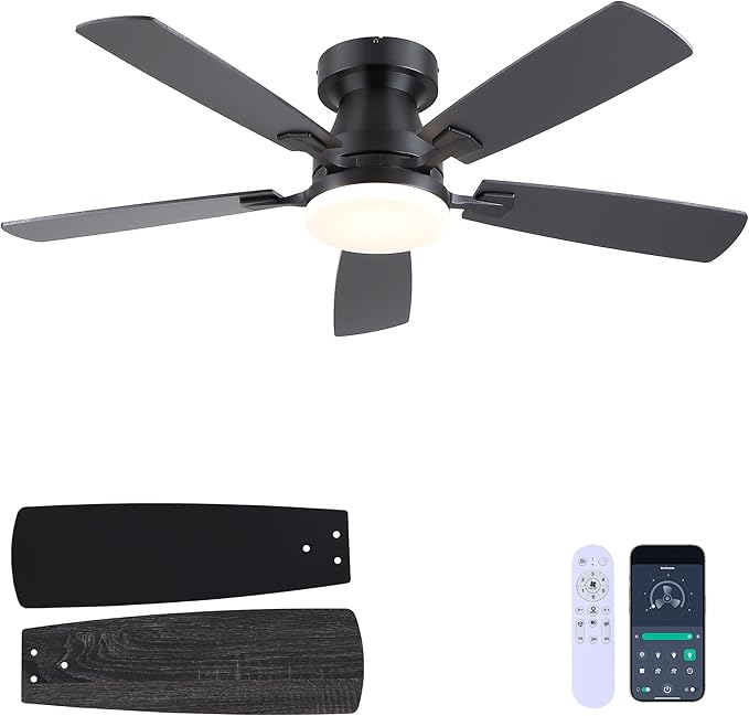 48” Ceiling Fans with Lights, Flush Mount Ceiling Fan with Light And Remote/APP, Low Profile Ceiling Fan with Light, Reversible, 6 Speed Noiseless LED Ceiling Fan, Black Ceiling Fan for Bedroom