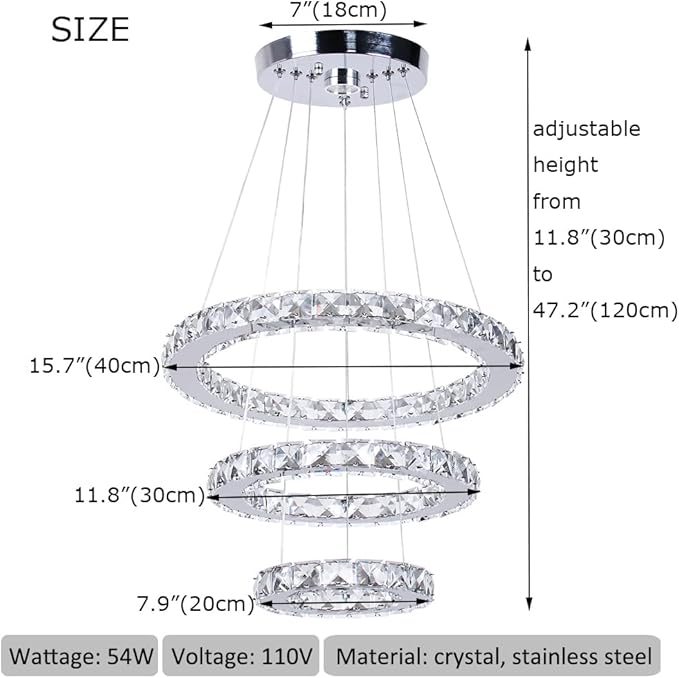 Modern 3 Ring Round Crystal Chandelier Adjustable Stainless Steel Pendant Lighting LED Crystal Ceiling Light Fixture for Living Room Dining Room Bedroom Cool White