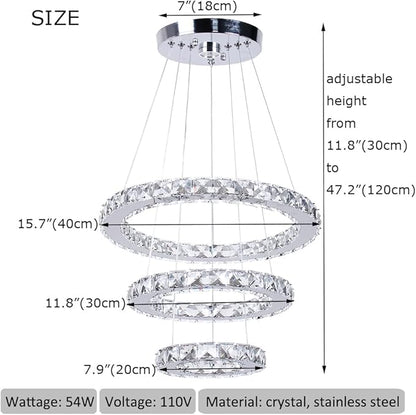 Modern 3 Ring Round Crystal Chandelier Adjustable Stainless Steel Pendant Lighting LED Crystal Ceiling Light Fixture for Living Room Dining Room Bedroom Cool White