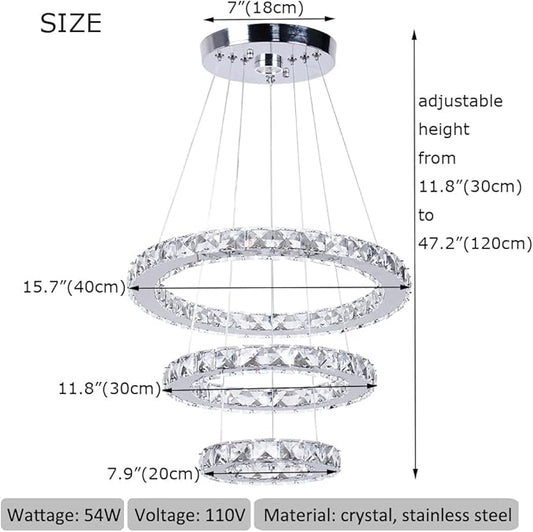 Modern 3 Ring Round Crystal Chandelier Adjustable Stainless Steel Pendant Lighting LED Crystal Ceiling Light Fixture for Living Room Dining Room Bedroom Cool White