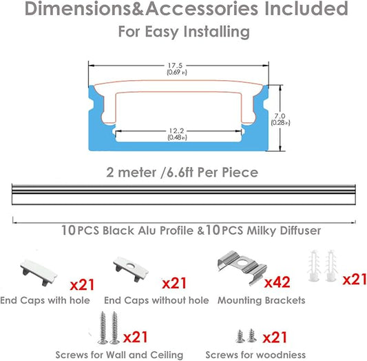 Besseto 10Pack 6.6Ft/2M White LED Aluminum Channel,LED Strip Light Diffuser Aluminum Channel Profile Housing Extrusion for Under Cabinet Counter and Stairs (White-10Pack 6.6ft)