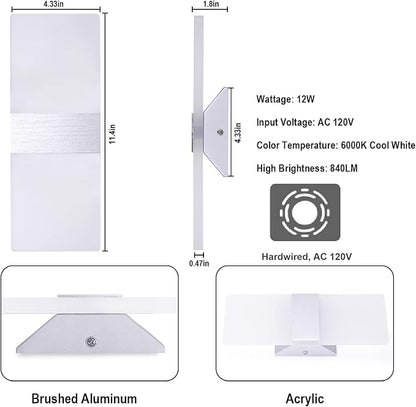 TRLIFE Modern Wall Sconces, Dimmable Wall Sconces Set of 2 Wall Mounted Lights 12W 6000K Cool White Hardwired Wall Sconce Lighting for Bedroom Bedside Living Room Stairway Hotel(2 Pack)