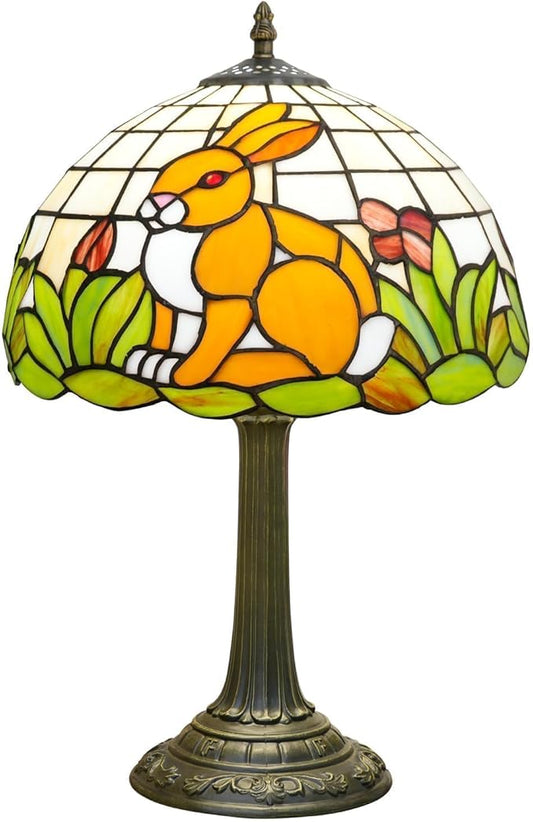 Tiffany Style Lamp with Cat Rabbit Stained Glass Lamp 12 Inch Retro Bronze Base Bedside Lamp Bedroom Living Room, Cafe，Restaurant Art Nouveau Style Decorative Child Interest Ambient Light