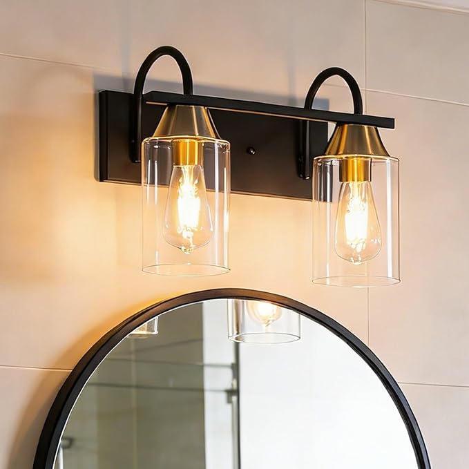 Bathroom Light fixtures, Black Gold Vanity Light, Black and Gold Wall Light Fixture with Clear Glass Shade,Modern Wall Lights for Mirror,Living Room (1, 2 Light)