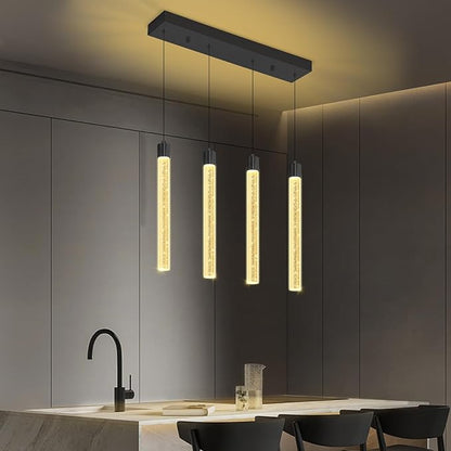 4-Lights Black Modern Crystal Column Chandeliers for Dining Room Dimmable LED Adjustable Height Hanging Pendant Light for Kitchen Island,Bedroom,Over Table,Living Room