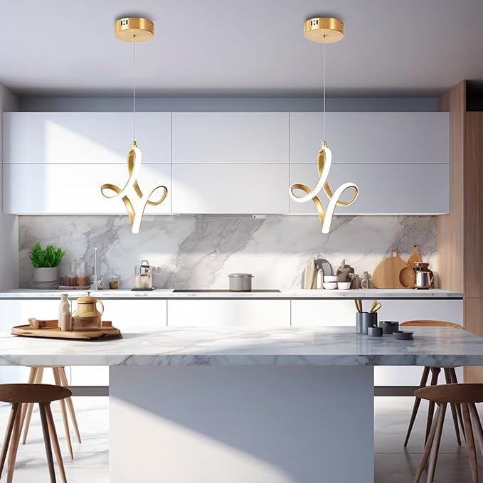 2 Packs Modern Led Pendant Light 5500K Cold White Kitchen Island Pendant Light Fixtures Adjustable Height Led Pendant Lamp for Kitchen Island Dining Room Hanging Light, 2 Packs (Gold)