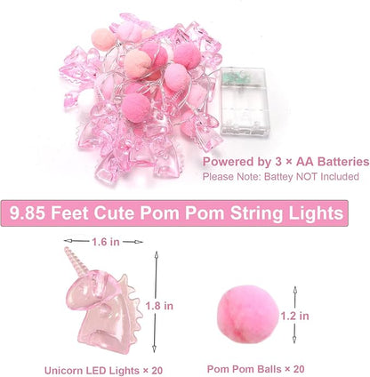 9.85FT Room Decor String Lights with 20 Cute PomPoms 20 Pink Unicorn LED Lights Battery Operated with Timer for Girls Bedroom Birthday Party Kids Playhouse Wedding Valentine's Day Christmas Decoration