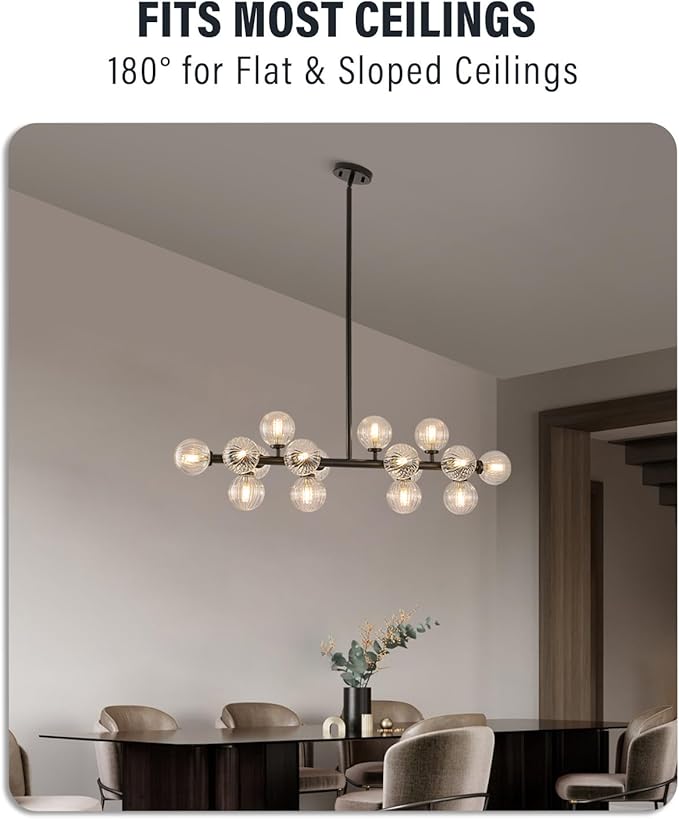 Glass Globe Sputnik Chandelier, 16-Light Mid Century Modern Light Fixture Over Table, Linear Chandeliers for Dining Room, Kitchen Island, Black and Clear Bubble, 40 Inch, GC-02