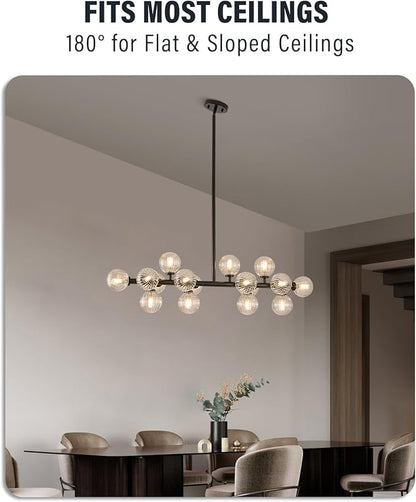 Glass Globe Sputnik Chandelier, 16-Light Mid Century Modern Light Fixture Over Table, Linear Chandeliers for Dining Room, Kitchen Island, Black and Clear Bubble, 40 Inch, GC-02