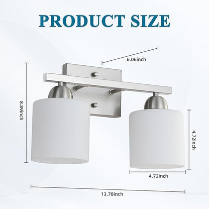 Mecgirn Stainless Steel Milk Glass Vanity Lights for Bathroom, 2 Light Brushed Nickel Bathroom Light Fixtures Over Mirror, Ceramic E26 Sockets Wall Mounted
