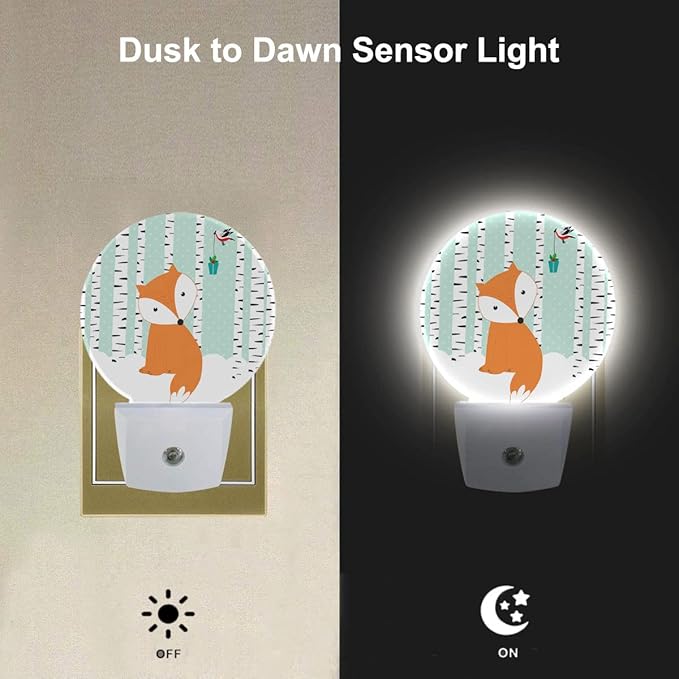 EKOBLA Winter Fox Plug-in Night Light, Fox & Bird in Snowy Birch Forest LED Nightlight with Auto On/Off for Kids Room, 0.5W