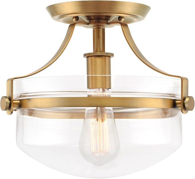 Kira Home Zurich 12" Modern Industrial Gold Semi-Flush Mount Ceiling Light with Clear Glass Schoolhouse Bowl Shade, Warm Brass Finish