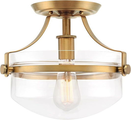 Kira Home Zurich 12" Modern Industrial Gold Semi-Flush Mount Ceiling Light with Clear Glass Schoolhouse Bowl Shade, Warm Brass Finish