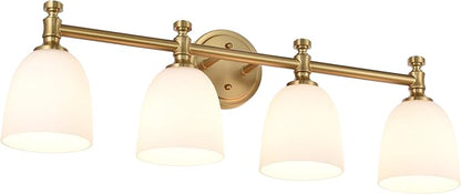 Gold Bathroom Vanity Light, 4-Light Bathroom Light Fixtures Over Mirror, Traditional Vanity Lights for Living Room, Milk White Bell Glass Shades, Standard E26 Base, Aged Brass