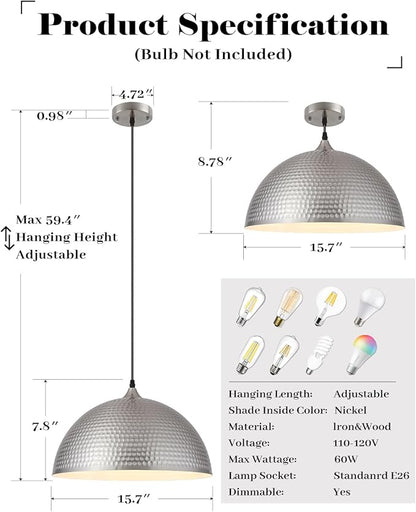 Brushed Nickel Pendant Light 16 inch, Hammered Large Dome Pendant Light, Industrial Farmhouse Pendant Lights Kitchen Island, Island Pendant Lights for Kitchen, Dining Room Living Room 2 Pack