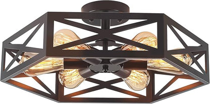 Semi Flush Mount Ceiling Light, Black Large 6-Light Fixtures Ceiling Mount with Hexagon Cage, Metal Industrial Close to Ceiling Light for Hallway, Kitchen, Bedroom (Black, 19.68''L)