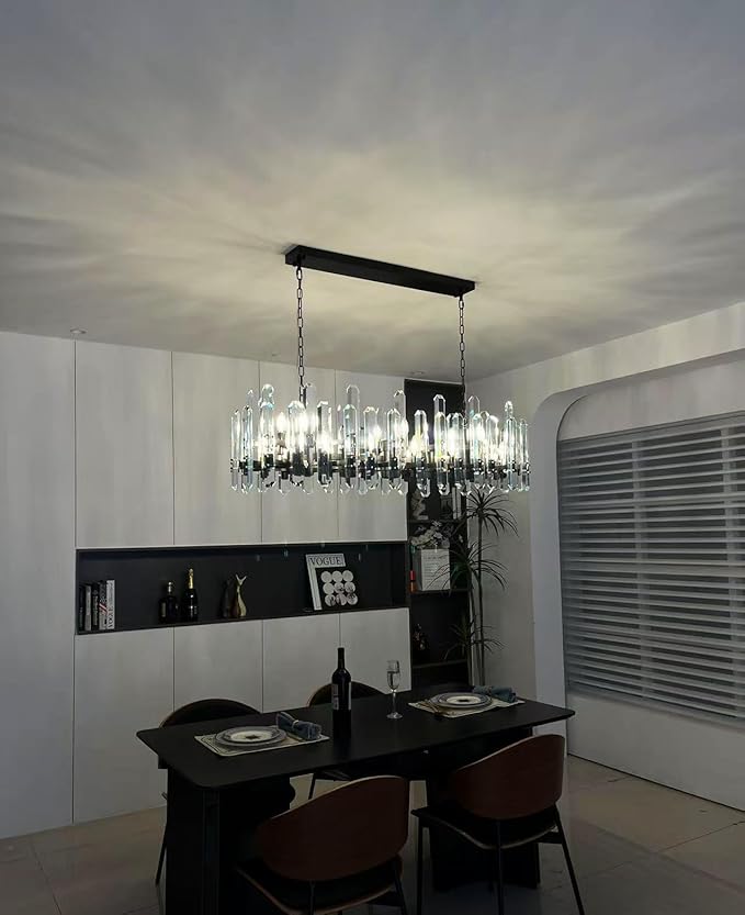 54" Black Rectangular Chandelier, 24-Light Modern Crystal Chandelier for Dining Room, Kitchen Island, Living Room, Luxury K9 Crystal Adjustable Chain Chandelier Light Fixture