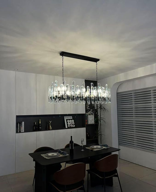 54" Black Rectangular Chandelier, 24-Light Modern Crystal Chandelier for Dining Room, Kitchen Island, Living Room, Luxury K9 Crystal Adjustable Chain Chandelier Light Fixture