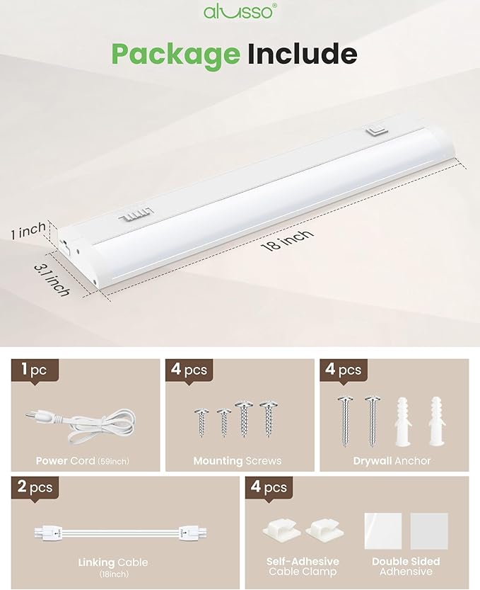 ALUSSO 18 Inch LED Under Cabinet Lighting Plug in 120V, 5CCT Color Selectable 2700K-5000K Dimmable 10W 800LM High Brightness, CRI 90+ Strip Linkable Under Counter Lights for Kitchen Sink, 1 Pack