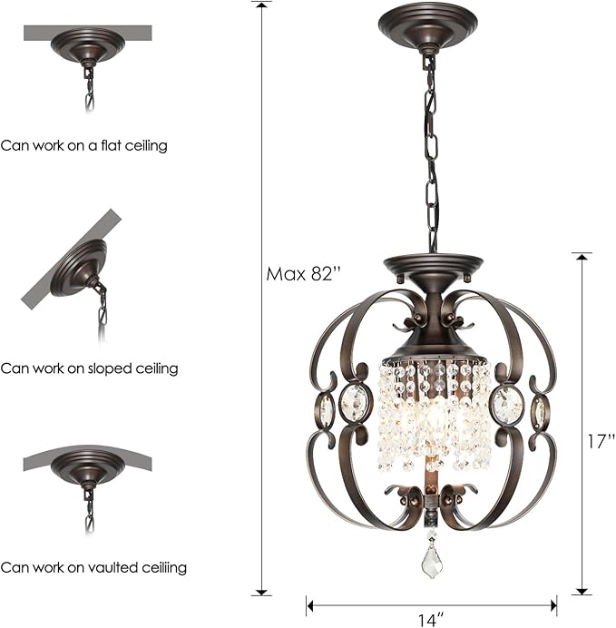 Bronze Crystal Chandeliers for Dining Room, 3-Light 14 Inch Flush Mount Ceiling Light Fixture,Vintage Hanging Pendant Lighting for Kitchen Island,Living Rooms, Foyer
