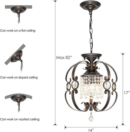 Bronze Crystal Chandeliers for Dining Room, 3-Light 14 Inch Flush Mount Ceiling Light Fixture,Vintage Hanging Pendant Lighting for Kitchen Island,Living Rooms, Foyer