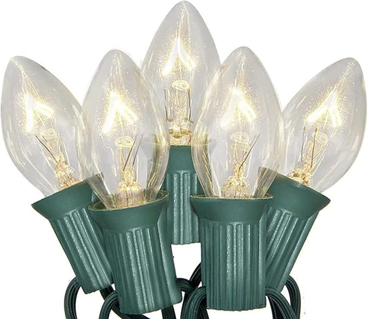 C7 Christmas Lights, 25Ft Outdoor Clear Christmas String Lights with 27 Clear Warm White Incandescent Bulbs, Vintage Christmas Lights for Roofline Patio Christma Cafe Party Decorations, Green Wire