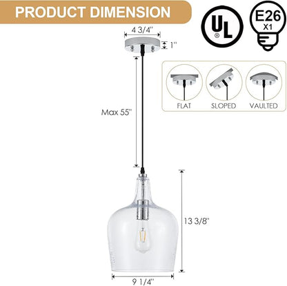 10”Chrome Hammered Glass Pendant Light Modern 1 Light Single Dome Pendent Lighting Fixtures for Kitchen Island Dining Room Hallway, UL Listed