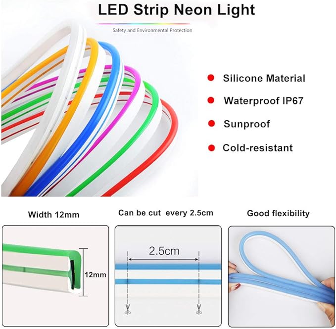 YM E-Bright Led Neon Strip Lights Without Power Supply, 12V Indoor Outdoor 16.4Ft 600SMD Warm White Silicone Waterproof IP67 Flexible for Signboard Bar Home Art TV Kitchen Bedroom PartyDecoration