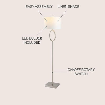 JONATHAN Y 61" Nickel Metal LED Floor Lamp for Living Room Modern Hoop Design Standing Lamp, White Linen Drum Shade, Bedroom Home Office, LED Bulb Included (JYL1089C)