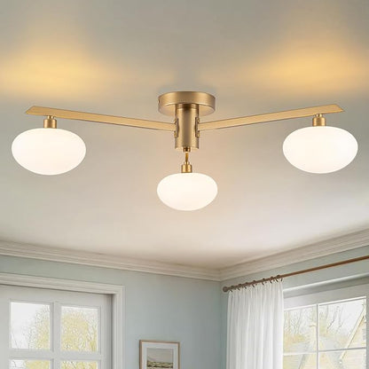 3-Light Mid Century Modern Ceiling Light 22.5" Gold Semi Flush Mount Ceiling Light with Milk Glass Shade for Bedroom, Entryway, Hallway, Kitchen lsland, Dining Room & Living Room