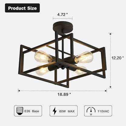 ZGLAOJT 4-Lights Close to Ceiling Light，Black Light Fixture Industrial Flush Mount Ceiling Light ，Farmhouse Chandelier Lighting for Kitchen Island Dining Room Bedroom Foyer Hallway