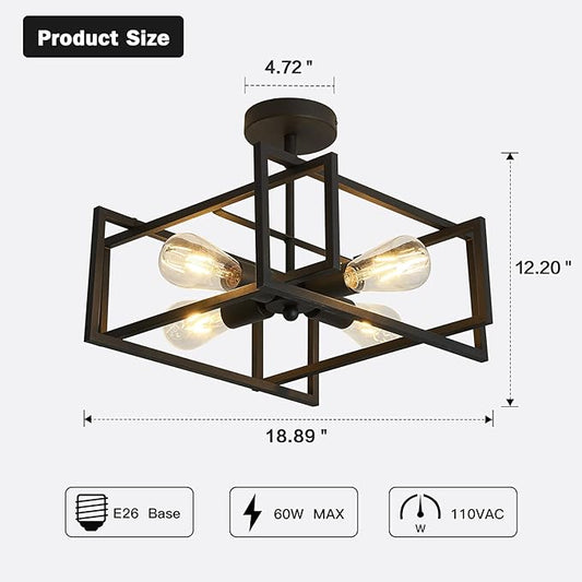 ZGLAOJT 4-Lights Close to Ceiling Light，Black Light Fixture Industrial Flush Mount Ceiling Light ，Farmhouse Chandelier Lighting for Kitchen Island Dining Room Bedroom Foyer Hallway