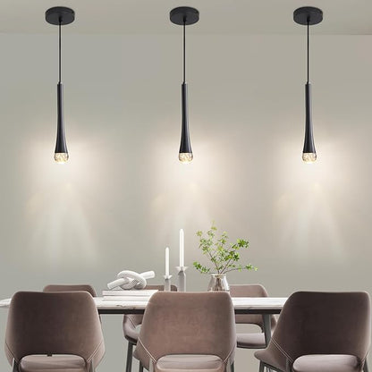 3 Pack Modern Black LED Pendant Light, Kitchen Island Ceiling Hanging Lights, Teardrop Bubble Crystal, 3 Color 2700K/4500K/6500K, Bedside Small Chandeliers Lamps for Bar, Dining Room, Hallway, Foyer