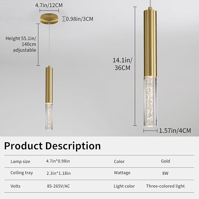 3 Pack Gold Linear LED Pendant Lights, Modern Minimalist Hanging Light Fixtures, Bubble Acrylic, 3 Color 3000K/4500K/6500K, Ceiling Chandeliers Lights for Kitchen Island, Dining Room, Bedroom, Bar
