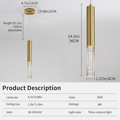 2 Pack Minimalist Kitchen Island Pendant Lights, Gold Modern Linear Hanging Light Fixture, Bubble Acrylic, Adjustable 3000K/4500K/6500K, LED Ceiling Light for Dining Room, Bedroom, Bathroom