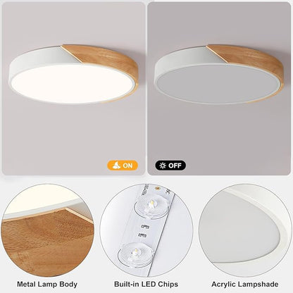 Modern LED Ceiling Light, Minimalist Wood Flush Mount Ceiling Light Fixture, 4000K Not Dimmable, Circle Lighting Lamp with Acrylic Lampshade for Bedroom Dining Room Laundry (White, 15.8'')