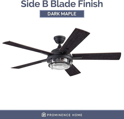 Prominence Home Freyr, 52 Inch Indoor Outdoor LED Ceiling Fan with Light, Remote Control, Dual Mounting Options, 5 Dual Finish Blades, Reversible Motor - 51484-01 (Textured Black)